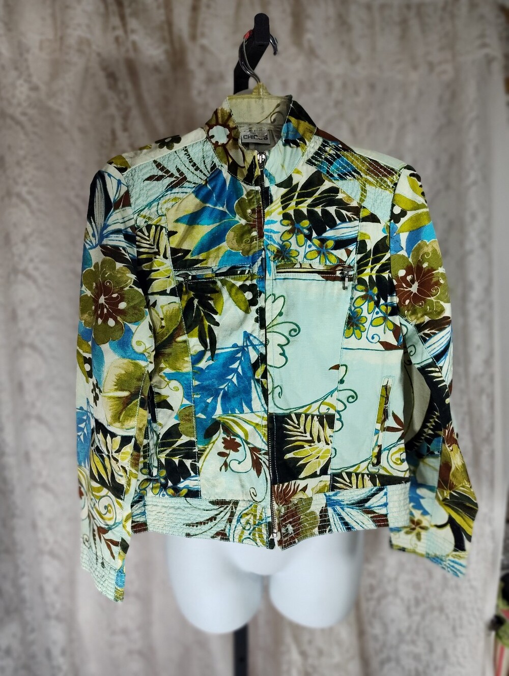 Chico's Floral Patchwork Print Zip-Front Jacket - Light Blue 2/4